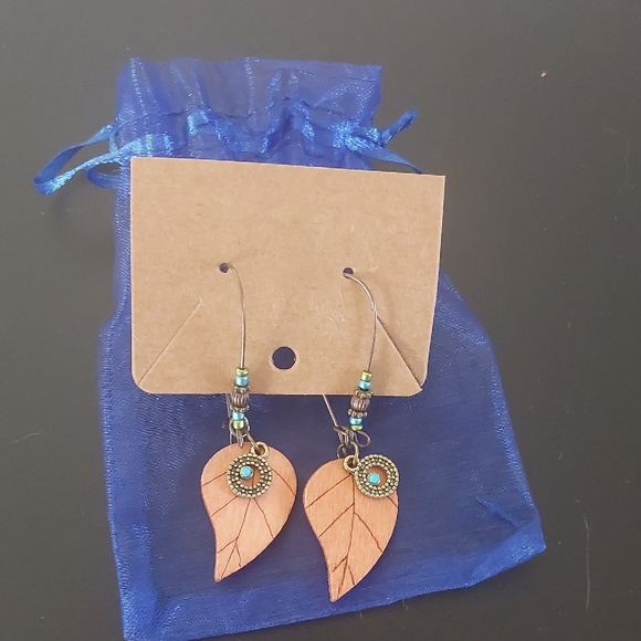 Brown and Blue Leaf Earrings with Textured Design - Picture 1 of 1
